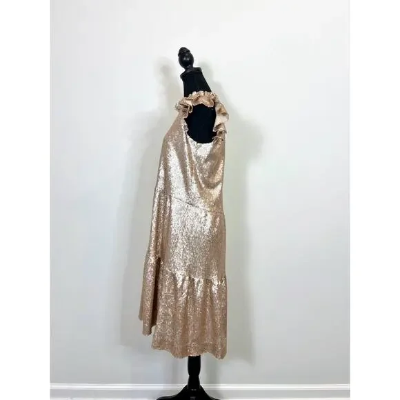 Sea New York Sequins Knee-Length Dress in Champagne Size 8 Mock Neck Cap Sleeve
